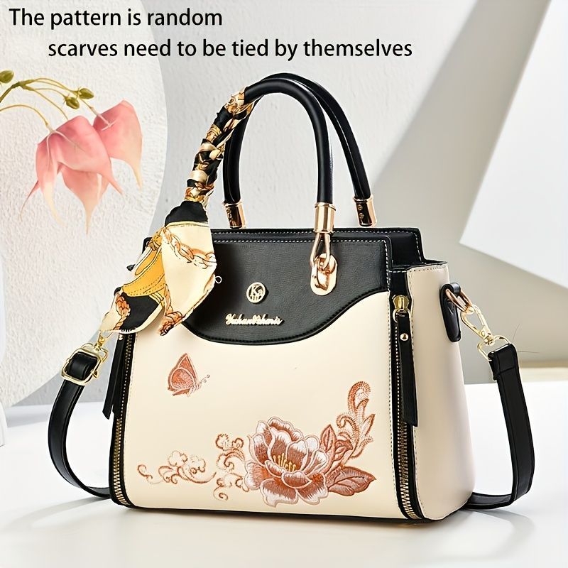 Embroidered Leather Handbag High-Quality Handbag Stylish Handbag Leather Bag - Green - Size L