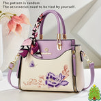 Embroidered Leather Handbag High-Quality Handbag Stylish Handbag Leather Bag - Green - Size L