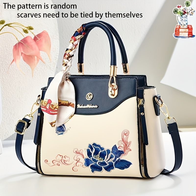 Embroidered Leather Handbag High-Quality Handbag Stylish Handbag Leather Bag - Purple - Size L
