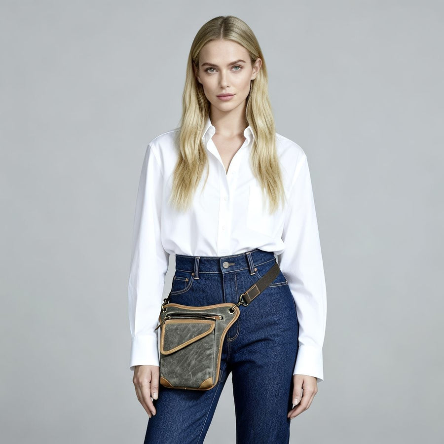 Leather Fanny Pack Top Grain Cowhide Travel Fanny Pack Adjustable Belt Fanny - Black - Size M
