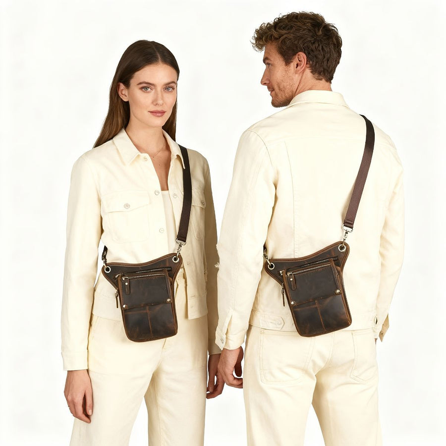 Leather Fanny Pack Top Grain Cowhide Travel Fanny Pack Adjustable Belt Fanny - Brown - Size M