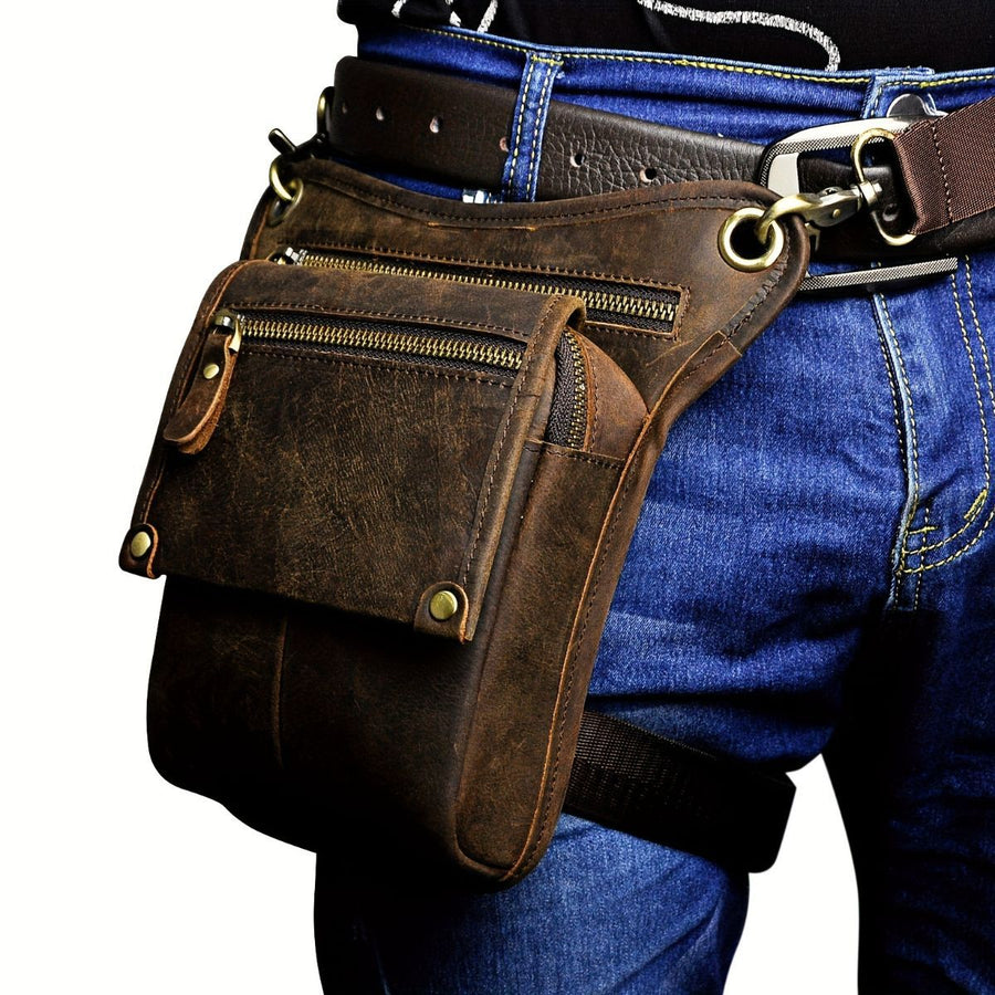 Leather Fanny Pack Top Grain Cowhide Travel Fanny Pack Adjustable Belt Fanny - Brown - Size M