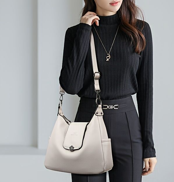Leather Hobo Bag Shoulder Bag For Women High-Quality Leather Bag Travel Handbag - Black - Size L