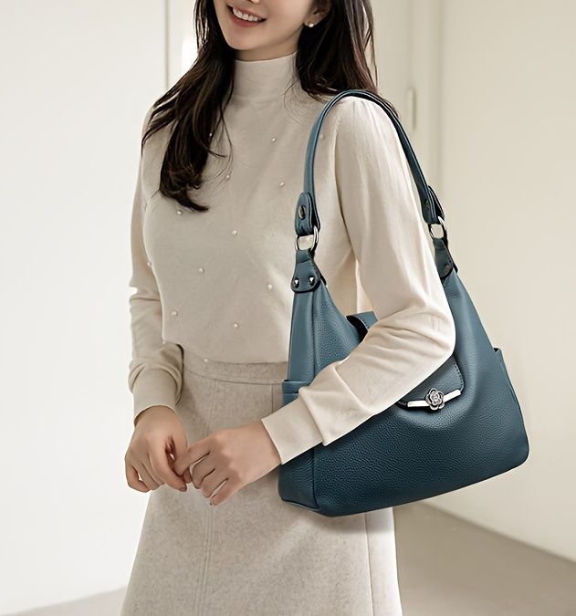Leather Hobo Bag Shoulder Bag For Women High-Quality Leather Bag Travel Handbag - Black - Size L