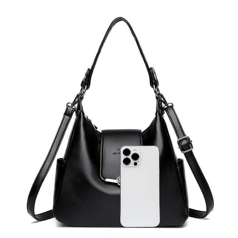 Leather Hobo Bag Shoulder Bag For Women High-Quality Leather Bag Travel Handbag - Black - Size L
