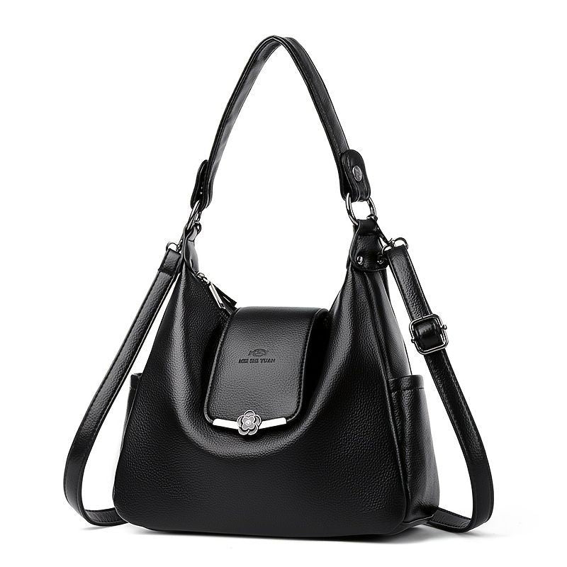 Leather Hobo Bag Shoulder Bag For Women High-Quality Leather Bag Travel Handbag - Black - Size L