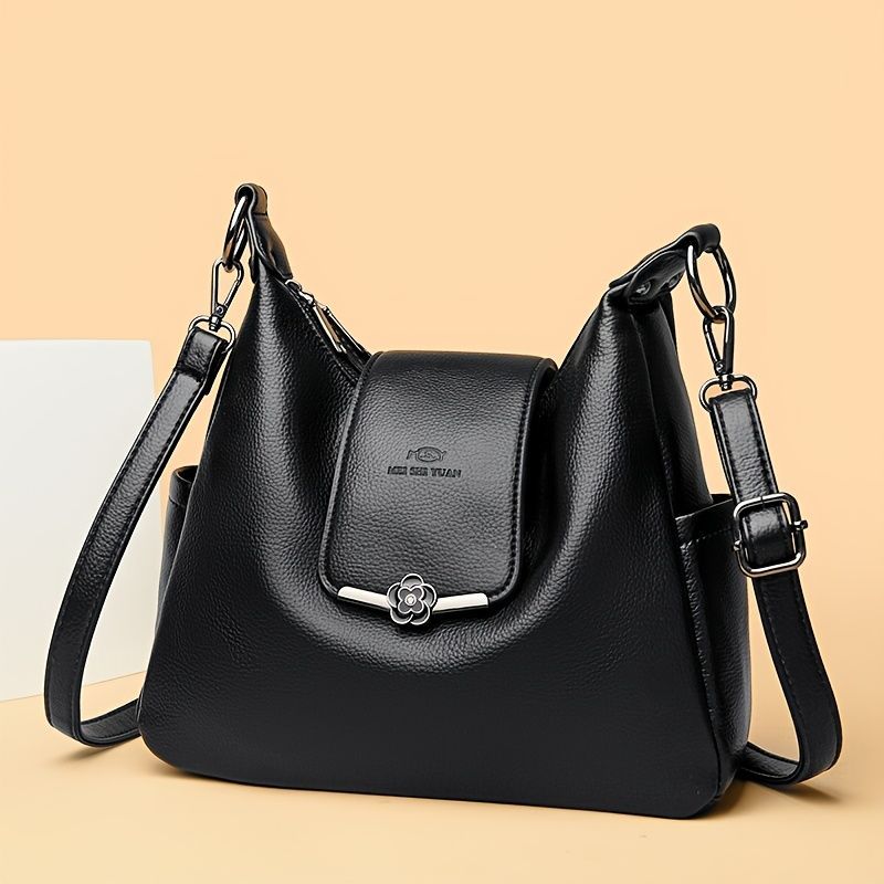 Leather Hobo Bag Shoulder Bag For Women High-Quality Leather Bag Travel Handbag - Black - Size L