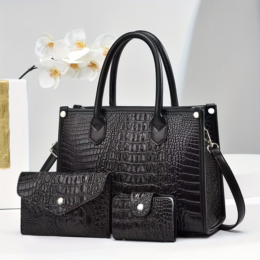 Luxury Handbag Set Crocodile Pattern Handbag Three Piece Handbag Set Large - Light Gray - Size 28-10-21