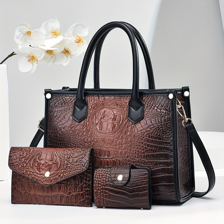 Luxury Handbag Set Crocodile Pattern Handbag Three Piece Handbag Set Large - Light Gray - Size 28-10-21