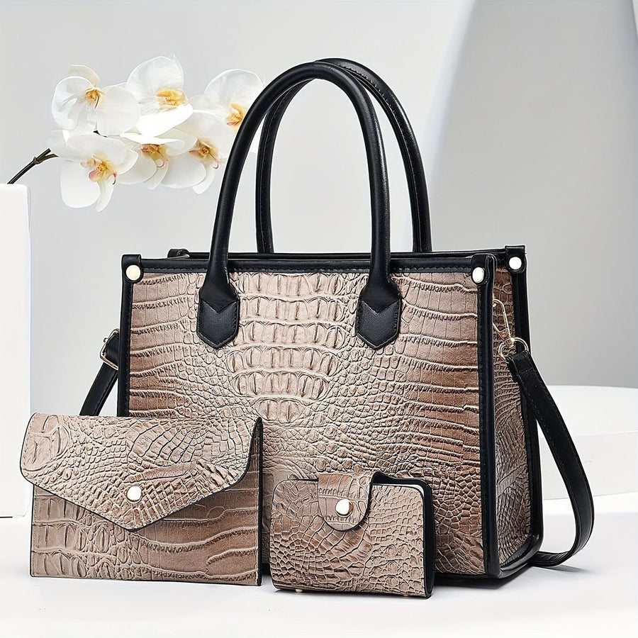 Luxury Handbag Set Crocodile Pattern Handbag Three Piece Handbag Set Large - Light Gray - Size 28-10-21