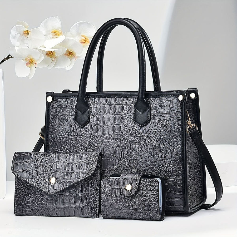 Luxury Handbag Set Crocodile Pattern Handbag Three Piece Handbag Set Large - Red - Size 28-10-21