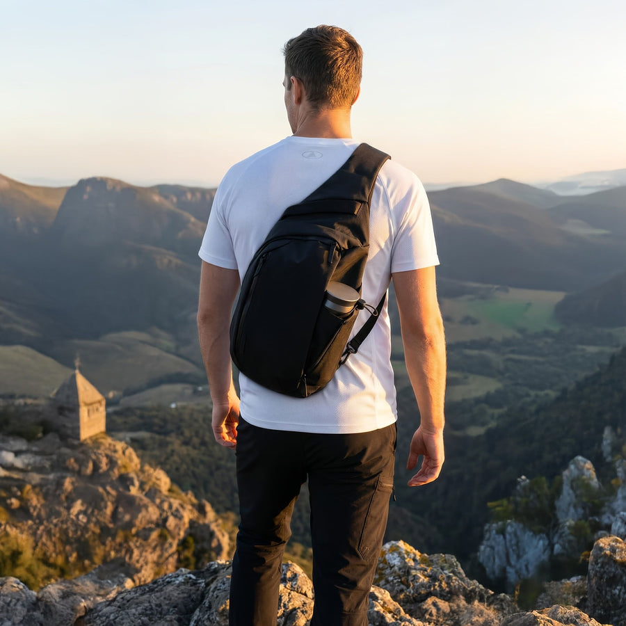 Black Blue sling backpack, luggage pass-through, concealed zip pocket, travel backpack, high-quality backpack, tablet backpack, Australia travel, everyday carry, anti-theft backpack