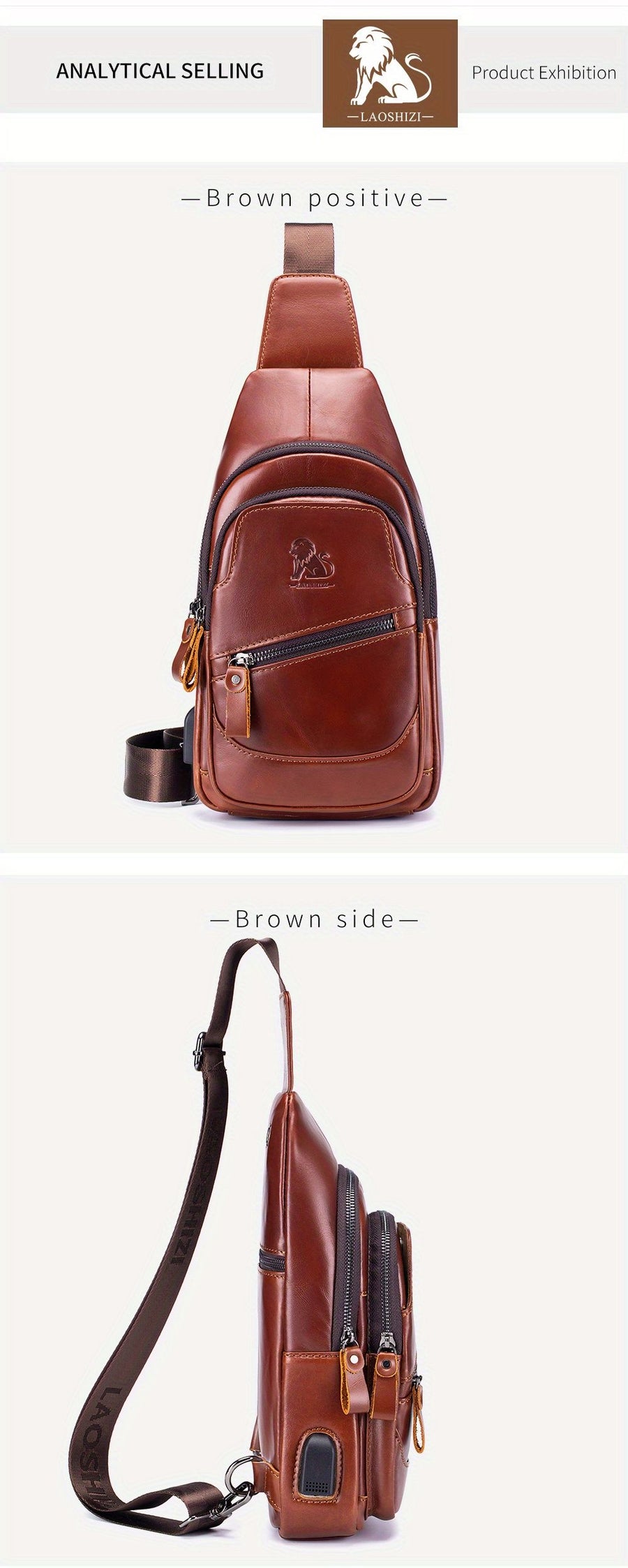 Brown Leather Sling Backpack Top-Grain Cowhide Backpack Travel Sling Bag Stylish