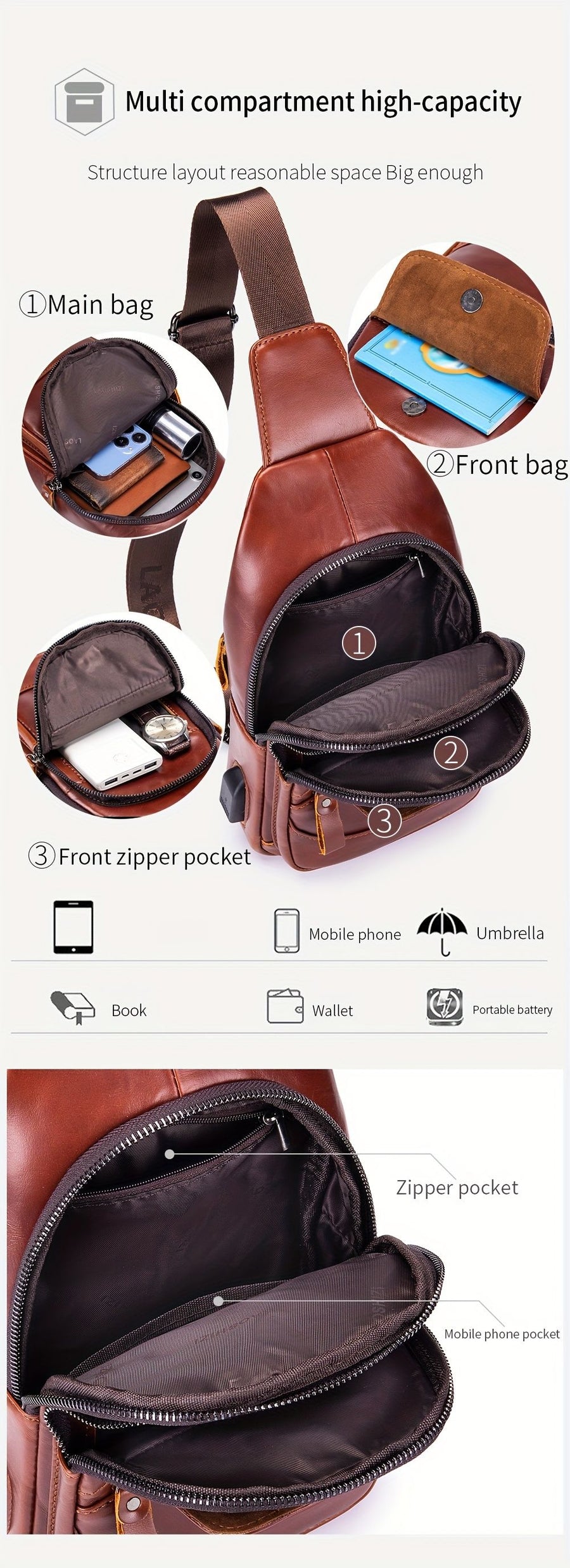 Brown Leather Sling Backpack Top-Grain Cowhide Backpack Travel Sling Bag Stylish