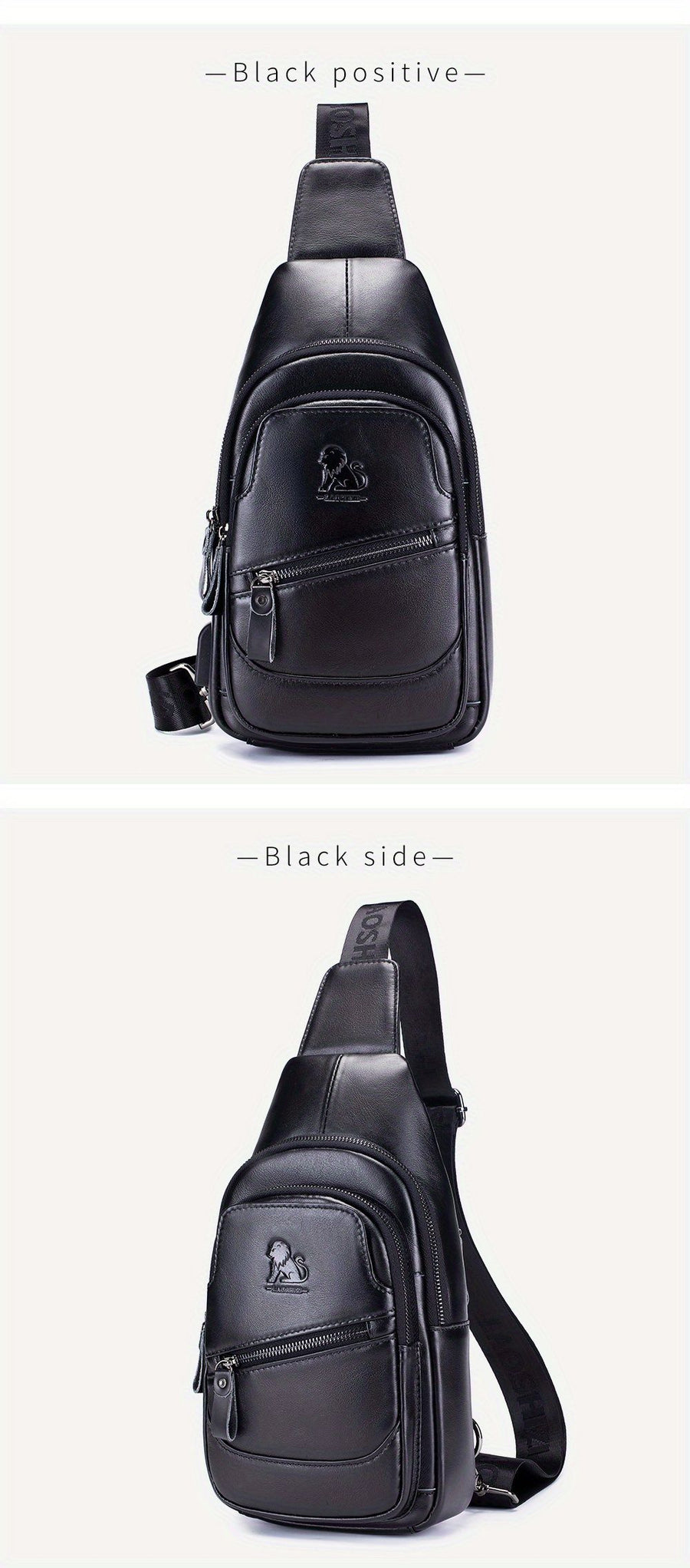 Black Brown Leather Sling Backpack Top-Grain Cowhide Travel Backpack Organized Storage