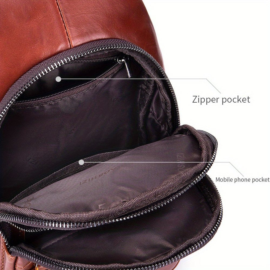 Black Brown Leather Sling Backpack Top-Grain Cowhide Travel Backpack Organized Storage