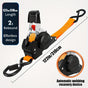 Yellow automatic webbing recovery ratchet strap, vehicle cargo strap, heavy-duty ratchet strap, long-length ratchet strap, easy-to-use ratchet strap, Australian transport