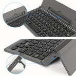 Black foldable wireless keyboard, Broadcom Microchip, US layout keyboard, iOS compatible keyboard, Android compatible keyboard, Windows compatible keyboard, portable keyboard, triple fold keyboard, Australian market keyboard, on-the-go typing