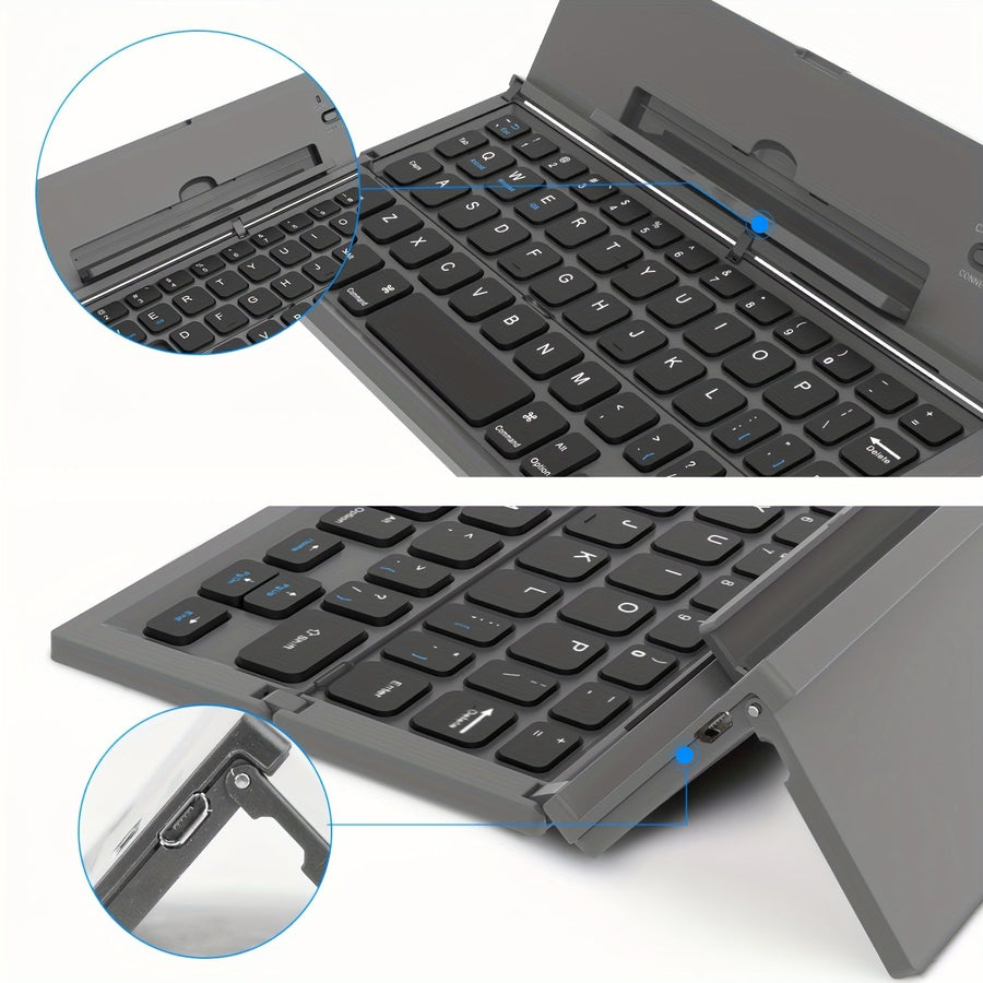 Black foldable wireless keyboard, Broadcom Microchip, US layout keyboard, iOS compatible keyboard, Android compatible keyboard, Windows compatible keyboard, portable keyboard, triple fold keyboard, Australian market keyboard, on-the-go typing