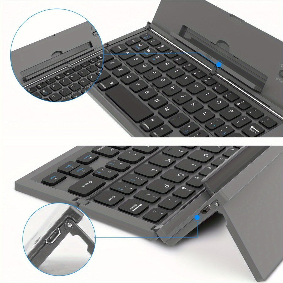 Black foldable wireless keyboard, Broadcom Microchip, US layout keyboard, iOS compatible keyboard, Android compatible keyboard, Windows compatible keyboard, portable keyboard, triple fold keyboard, Australian market keyboard, on-the-go typing