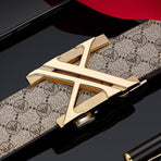 Men'S Genuine Leather Belt X-Shaped Buckle Men'S Accessories Trendy Belt - Khaki strap with gold buckle - Size 125cm