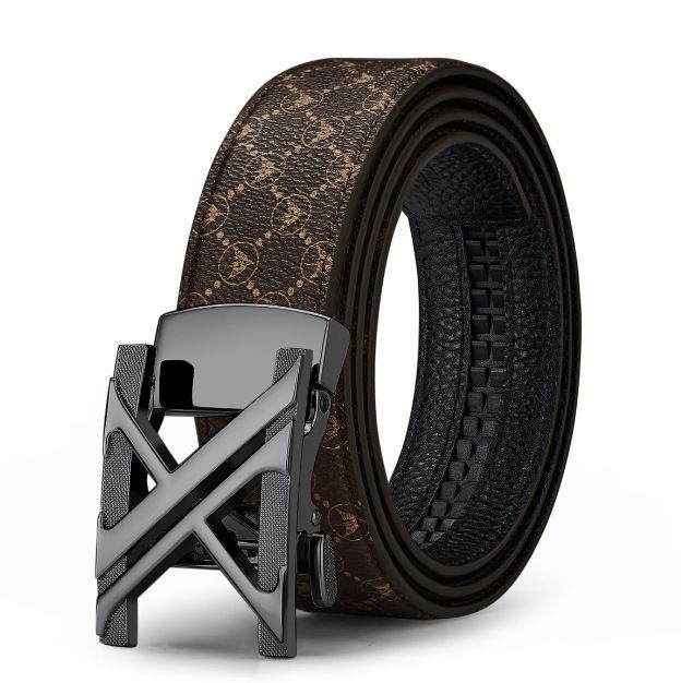 Men'S Genuine Leather Belt X-Shaped Buckle Men'S Accessories Trendy Belt - Khaki strap with gold buckle - Size 125cm
