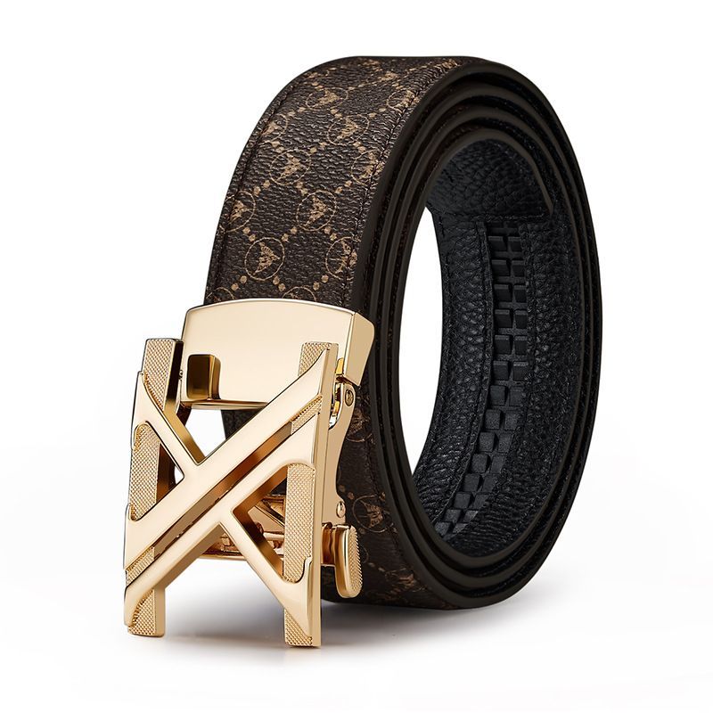 Men'S Genuine Leather Belt X-Shaped Buckle Men'S Accessories Trendy Belt - Khaki strap with gold buckle - Size 125cm