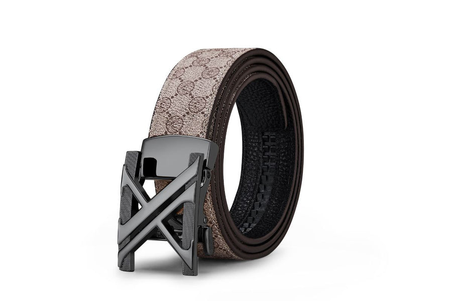 Men'S Genuine Leather Belt X-Shaped Buckle Men'S Accessories Trendy Belt - Khaki strap with gold buckle - Size 125cm