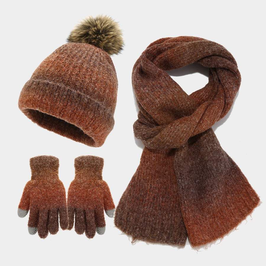 Unisex Winter Set Knit Hat Scarf Touch-Screen Gloves Winter Accessories Warm - Caramel color - Size L