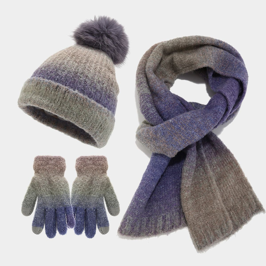 Unisex Winter Set Knit Hat Scarf Touch-Screen Gloves Winter Accessories Warm - Purple - Size L