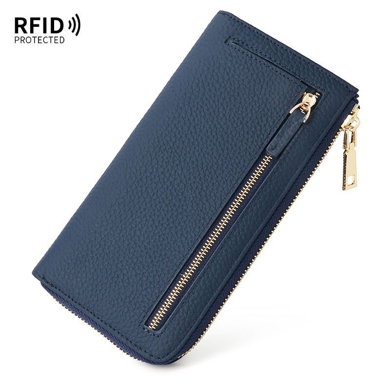 Genuine Leather Wallet RFID Blocking Wallet Long Zipper Clutch Women'S Phone - Black - Size m