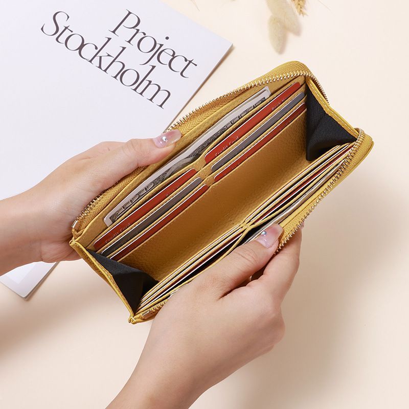 Genuine Leather Wallet RFID Blocking Wallet Long Zipper Clutch Women'S Phone - Black - Size m