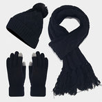 Women'S Winter Accessories Woolen 3 Piece Set Knitted Hat Scarf Touch Screen - Black - Size L