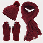 Women'S Winter Accessories Woolen 3 Piece Set Knitted Hat Scarf Touch Screen - Black - Size L