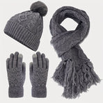 Women'S Winter Accessories Woolen 3 Piece Set Knitted Hat Scarf Touch Screen - Black - Size L