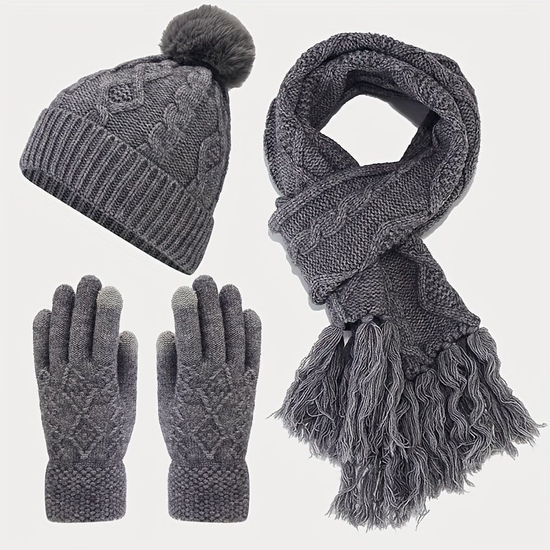 Women'S Winter Accessories Woolen 3 Piece Set Knitted Hat Scarf Touch Screen - Black - Size L