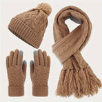 Women'S Winter Accessories Woolen 3 Piece Set Knitted Hat Scarf Touch Screen - Black - Size L
