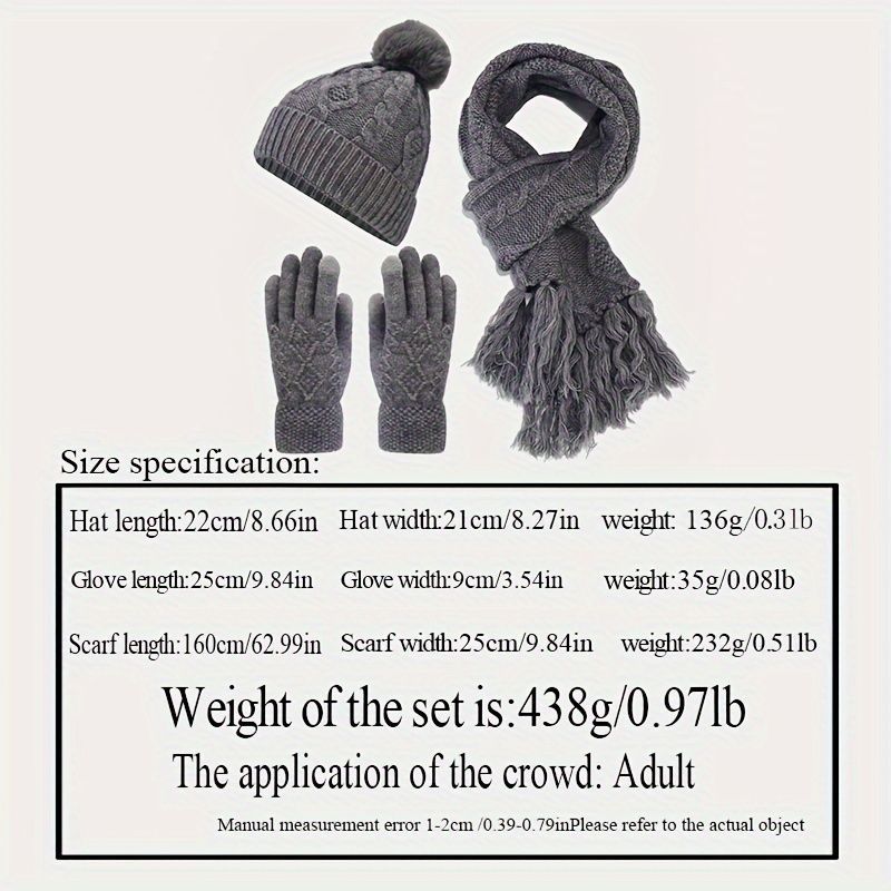 Women'S Winter Accessories Woolen 3 Piece Set Knitted Hat Scarf Touch Screen - Burgundy - Size L