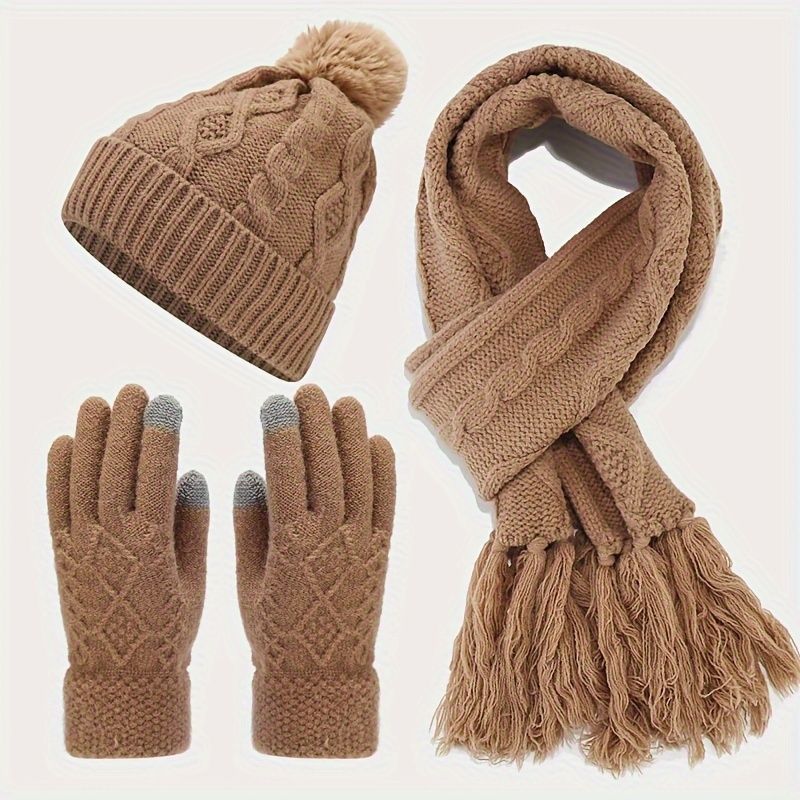 Women'S Winter Accessories Woolen 3 Piece Set Knitted Hat Scarf Touch Screen - Burgundy - Size L