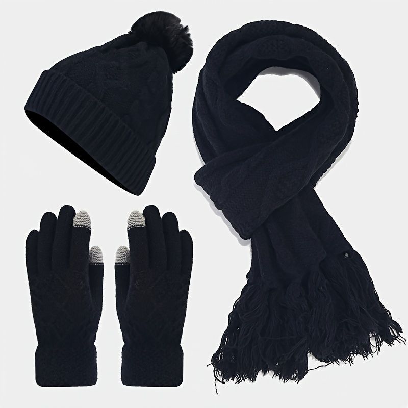 Women'S Winter Accessories Woolen 3 Piece Set Knitted Hat Scarf Touch Screen - Gray - Size L