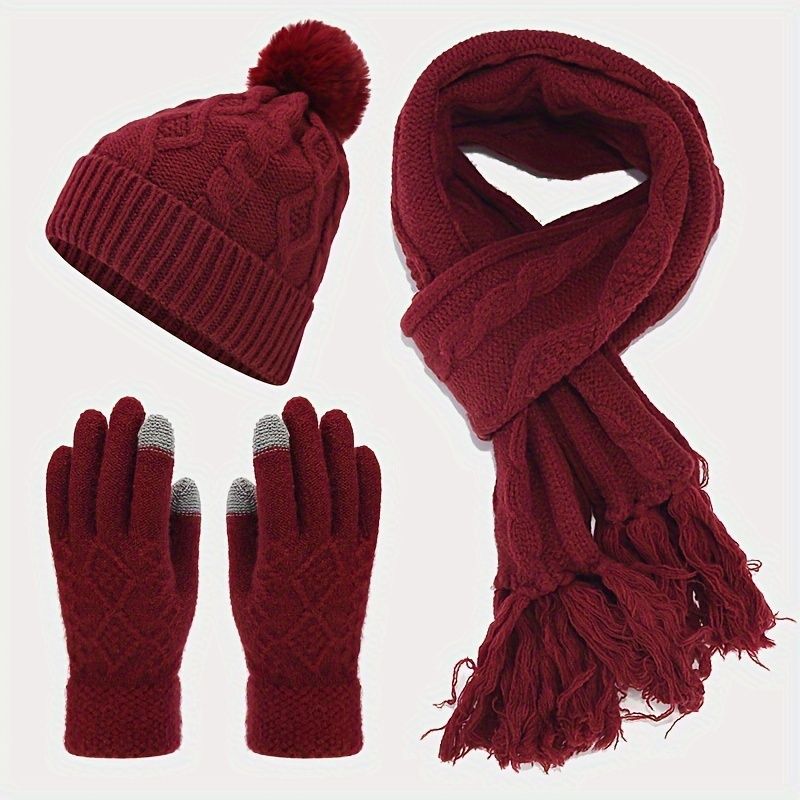 Women'S Winter Accessories Woolen 3 Piece Set Knitted Hat Scarf Touch Screen - Khaki - Size L