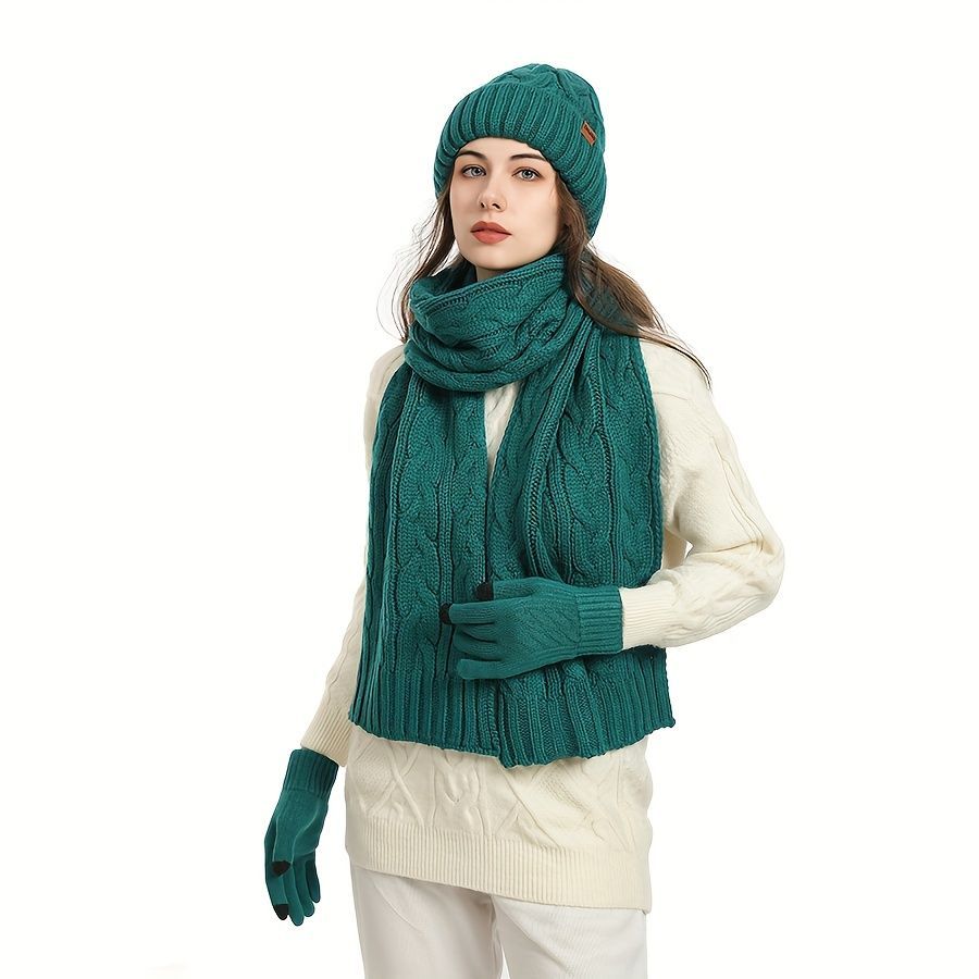 Unisex Winter Accessory Set Beanie Scarf Gloves Winter Fashion Warm Accessories - Black - Size L