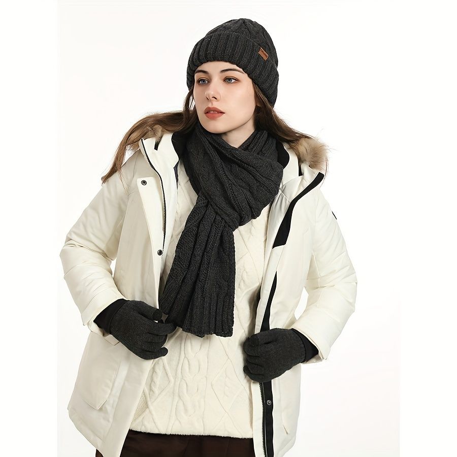Unisex Winter Accessory Set Beanie Scarf Gloves Winter Fashion Warm Accessories - Black - Size L