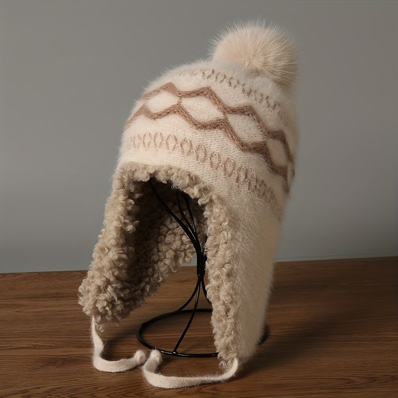 Women'S Knitted Hat Furry Ear-Flap Hat Pom-Pom Hat Winter Accessory Women'S - Black - Size L