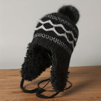 Women'S Knitted Hat Furry Ear-Flap Hat Pom-Pom Hat Winter Accessory Women'S - Black - Size L