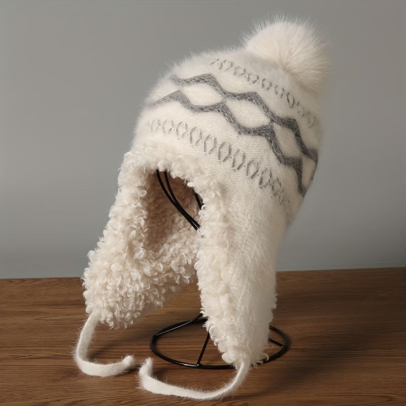 Women'S Knitted Hat Furry Ear-Flap Hat Pom-Pom Hat Winter Accessory Women'S - Black - Size L