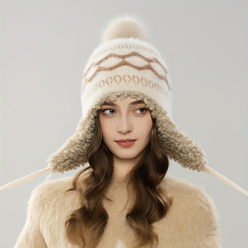 Women'S Knitted Hat Furry Ear-Flap Hat Pom-Pom Hat Winter Accessory Women'S - Black - Size L