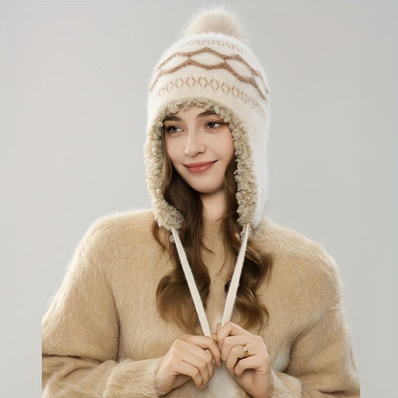Women'S Knitted Hat Furry Ear-Flap Hat Pom-Pom Hat Winter Accessory Women'S - Black - Size L