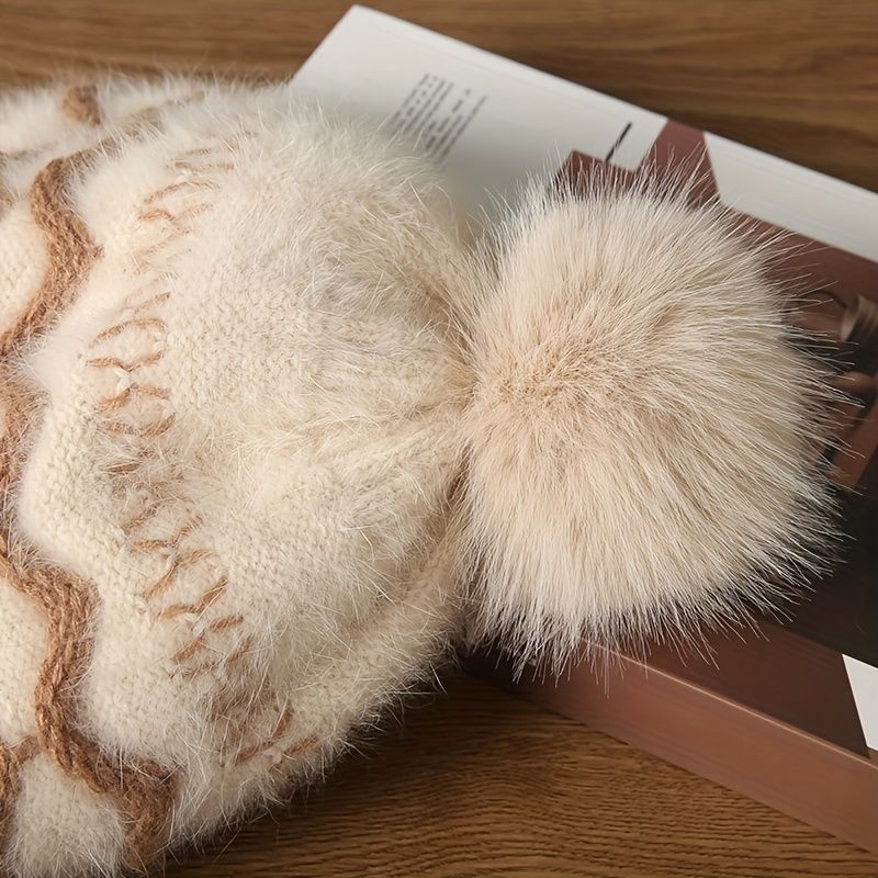 Women'S Knitted Hat Furry Ear-Flap Hat Pom-Pom Hat Winter Accessory Women'S - Black - Size L