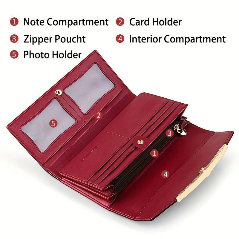 Women'S Genuine Leather Wallet Long Wallet Clutch Large Capacity Wallet - Red - Size m